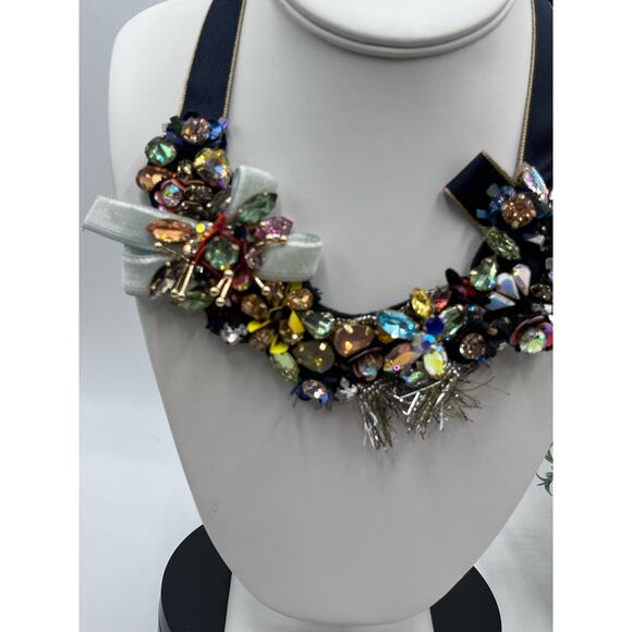 J. Crew Black Ribbon Funfetti AB Tinsel Sequin Floral Multicolor Bow necklace - Picture 2 of 16